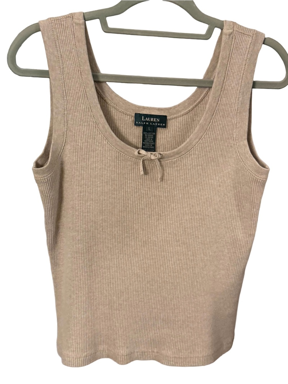 Ralph Lauren VTG Tan Sleeveless Ribbed Knit Sweater Scoop Neck Bow Sz L EUC